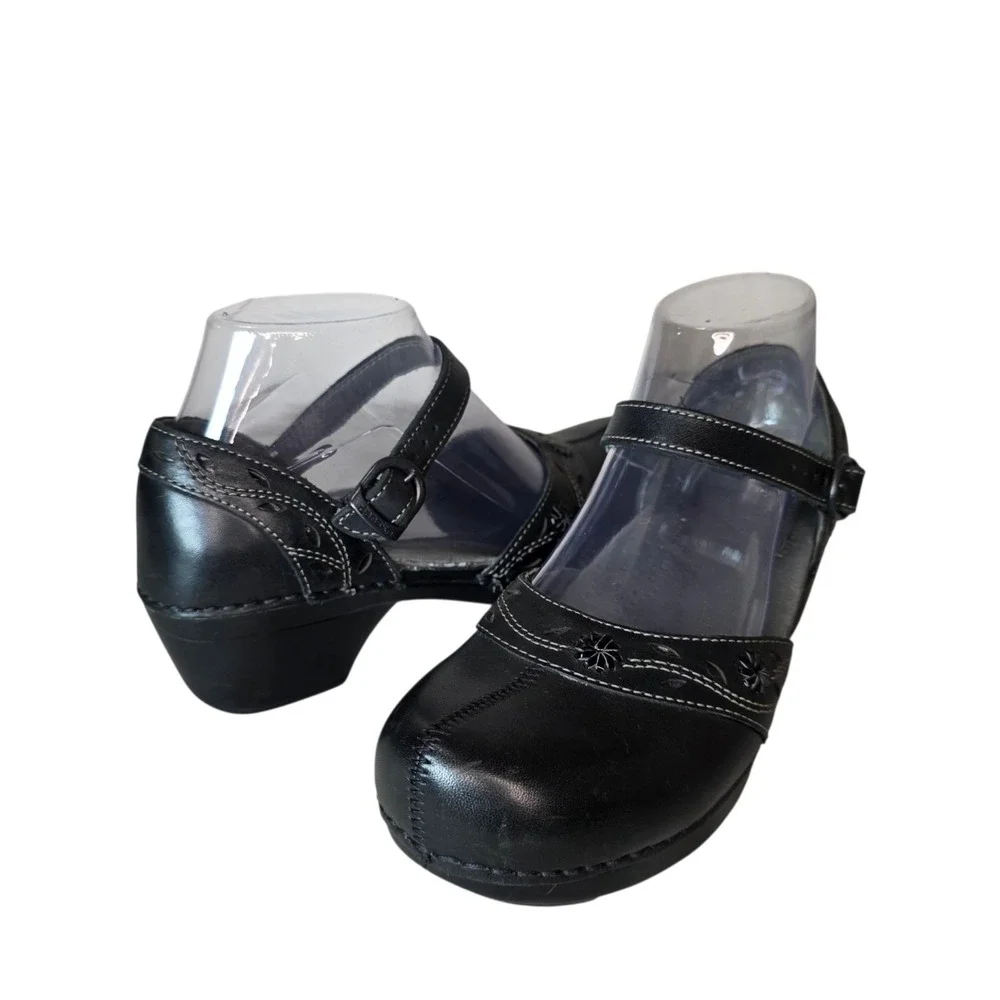 Dansko Womens EU 37 Black Leather Adjustable Strap Mary Jane Comfort Clogs